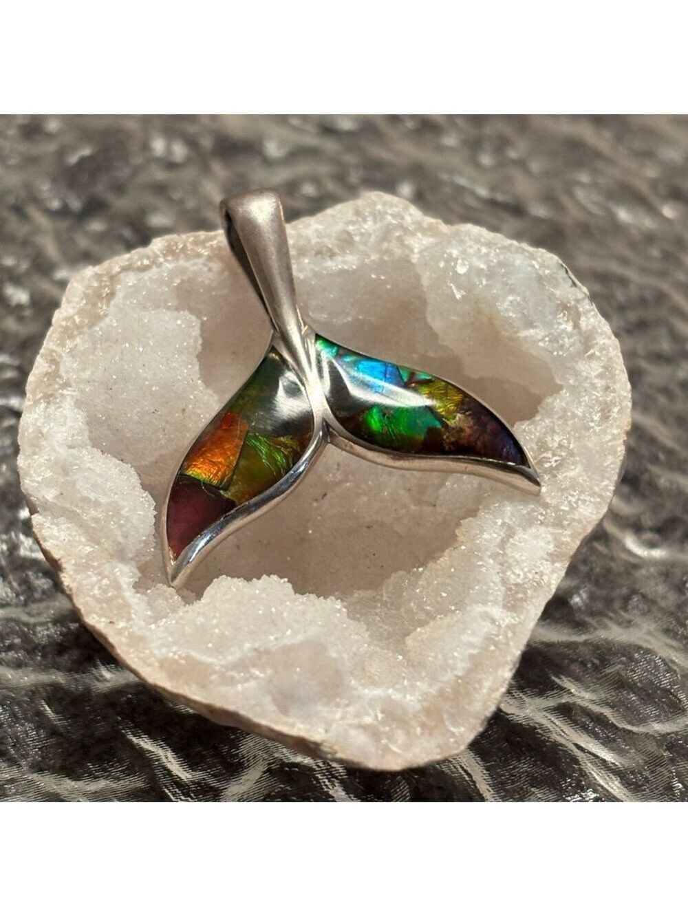 RARE Sterling Silver Whale Tail Pendant Natural Ammolite Opalized Fossil Signed